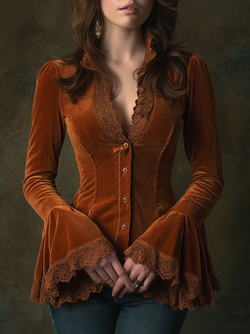 Chemise Longue en Velours Caramel Marron avec Col en V et Détails en Dentelle