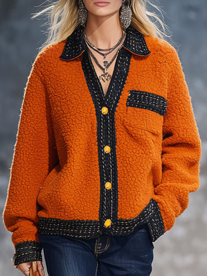 Veste en polaire orange avec bordure en ruban - Chic nomade urbain rétro