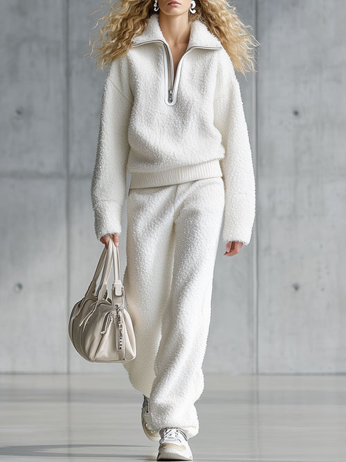 Ensemble Polar Blanc : Sweatshirt à Zip Demi et Pantalon de Sport Confortable