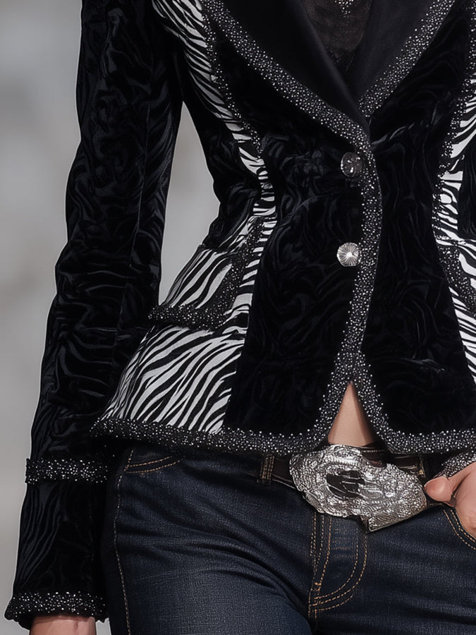 Veste en Velours Noir à Imprimé Zebra Patchwork avec Boutons