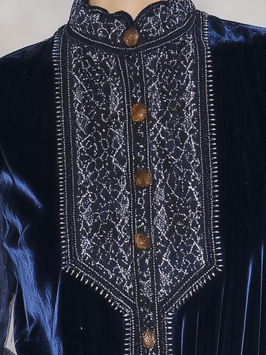 Chemise en Velours Bleu Rétro à Col Montant Luxe avec Manches Longues en Organza