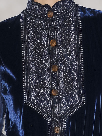 Chemise en Velours Bleu Rétro à Col Montant Luxe avec Manches Longues en Organza