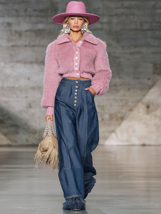 Rétro Long Cardigan en Fourrure Rose