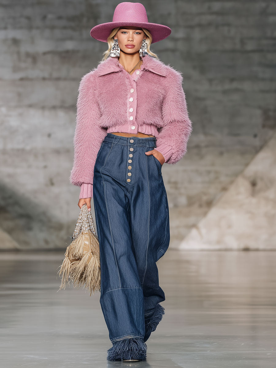 Jean Vintage Évasé avec Franges en Denim Bleu Foncé