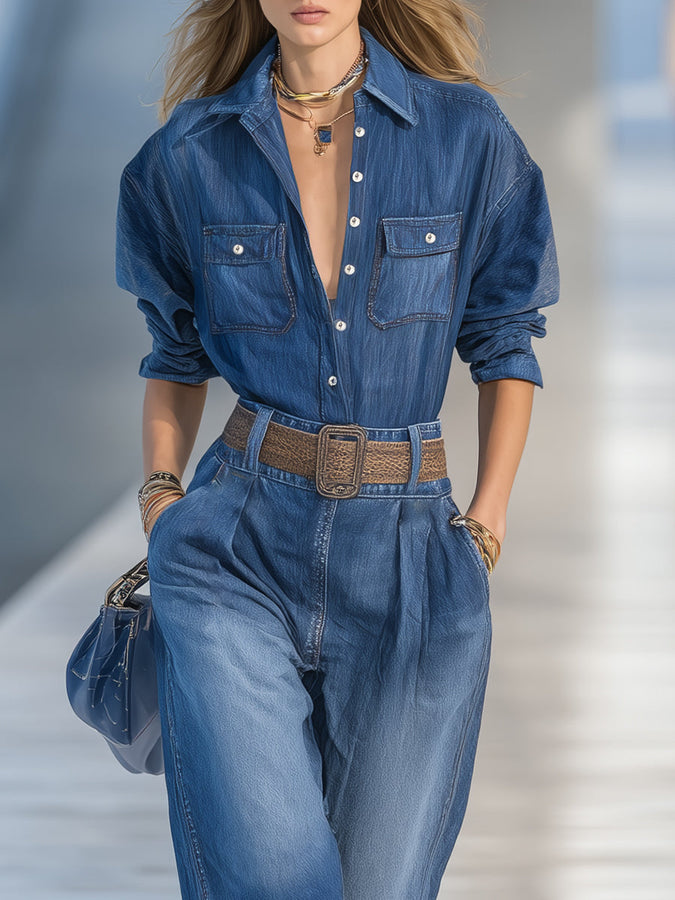 Ensemble Décontracté en Denim Bleu avec Pantalons Amples