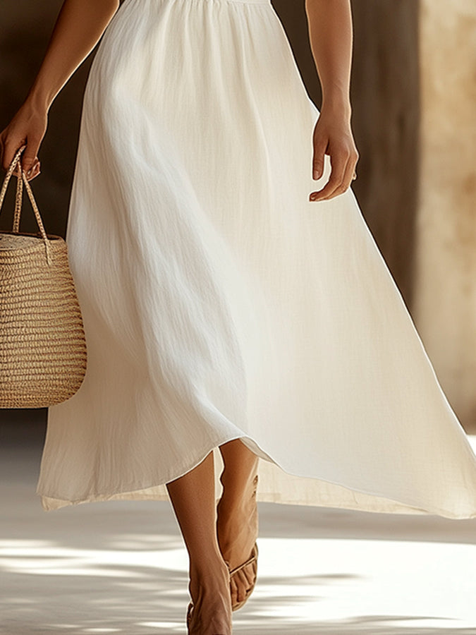 Robe Maxi Sans Manches en Coton et Lin Blanc : Élégance Classique et Confort, Expédition en 24 Heures