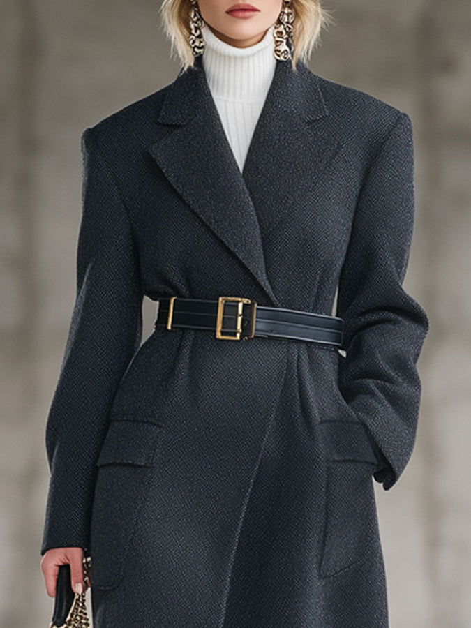 Longue Manteau en Laine Gris Foncé avec Détails Rétro à Lacets