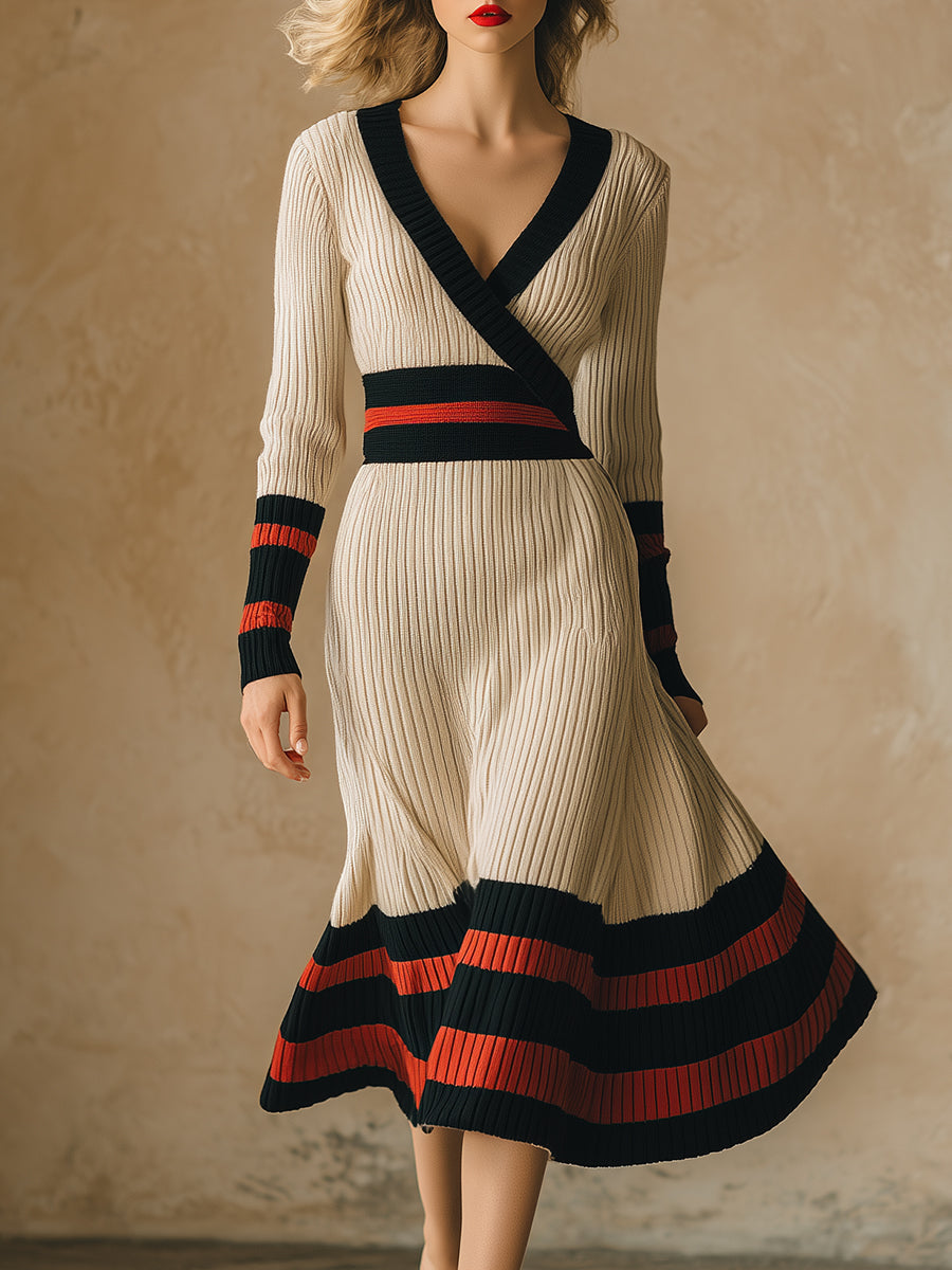 Robe Midi Rétro Beige à Rayures Rouges et Noires