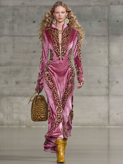 Robe Maxi Sport en Velours Rouge Rose avec Imprimé Léopard Vintage
