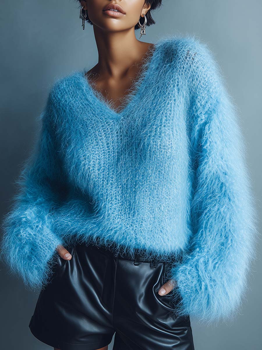 Pull léger en laine bleu clair à col en V - Élégance décontractée