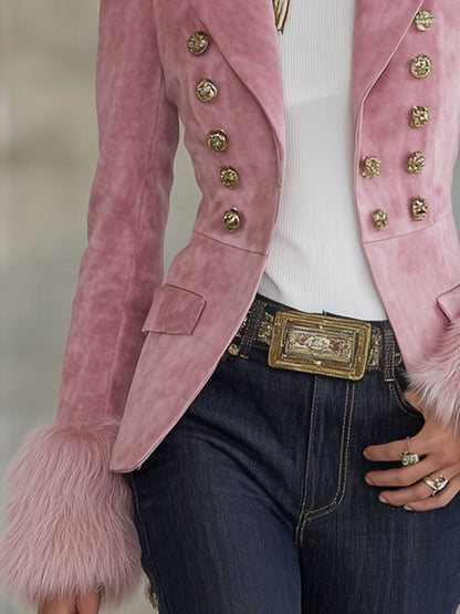 Veste en Faux Suède et Fourrure à Boutons Multiples