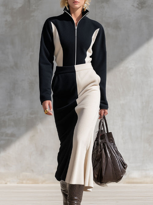 Ensemble Chic en Fleece : Haut et Jupe avec Col Contrasté et Zip