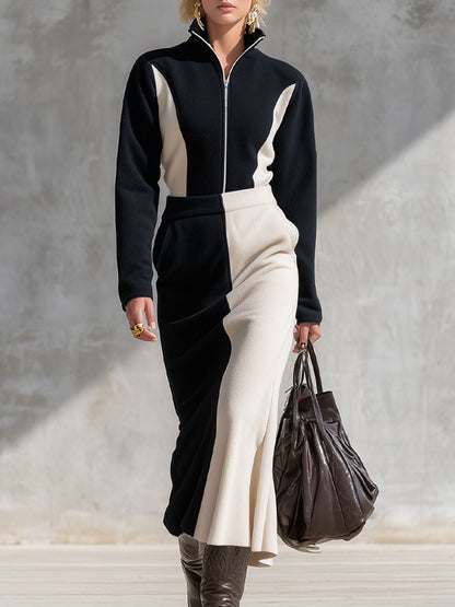 Ensemble Fleece Élégant : Haut à Col Contrasté et Jupe Pratique avec Fermeture Éclair