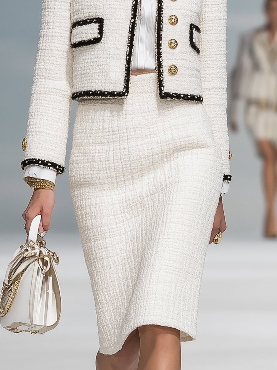 Chic Ensemble Tweed Blanc : Veste Courte et Jupe avec Détails Noir et Boutons Dorés