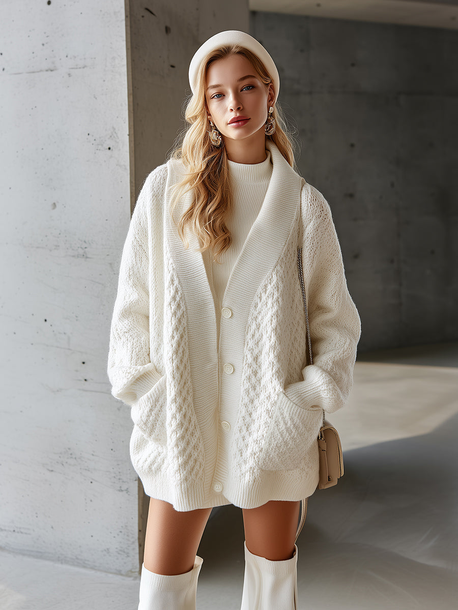 Cardigan Blanc en Tricot Premium à Texture Raffinée