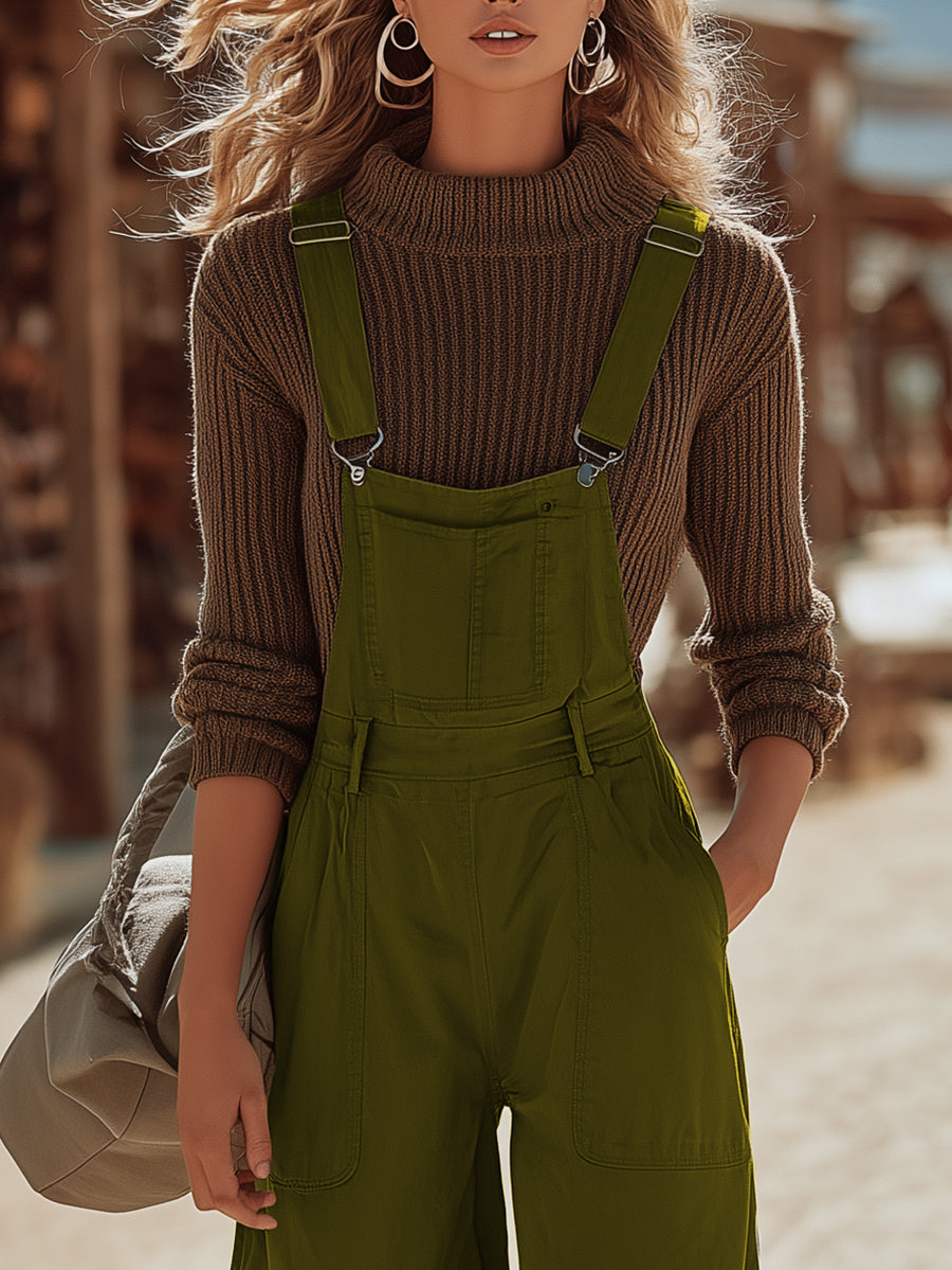 Casual Retro Army Green Overalls