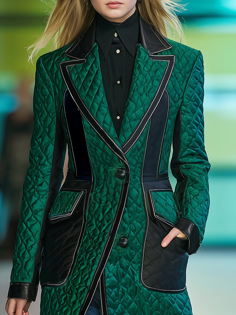 Chic Manteau Matelassé Vert Foncé avec Détails Noirs