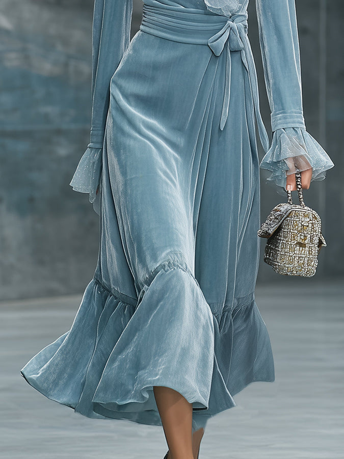 Maxi Robe en Velours Bleu Clair avec Col Rétro en Gaze