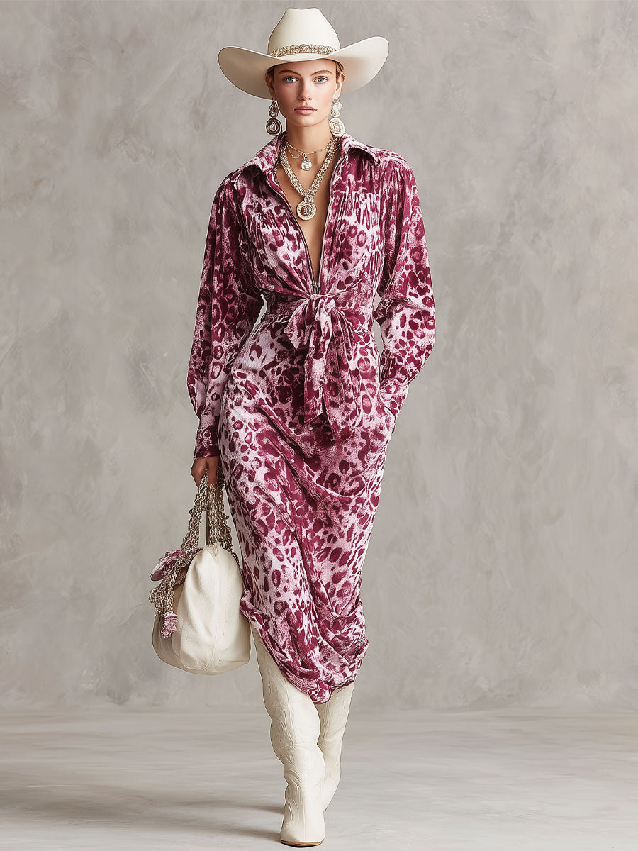 Robe Midi en Velours à Imprimé Léopard avec Demi-Zip