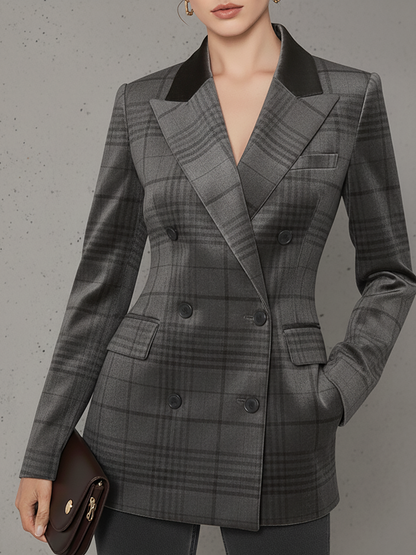 Veste Velours Vintage à Imprimé Vichy avec Double Boutonnage