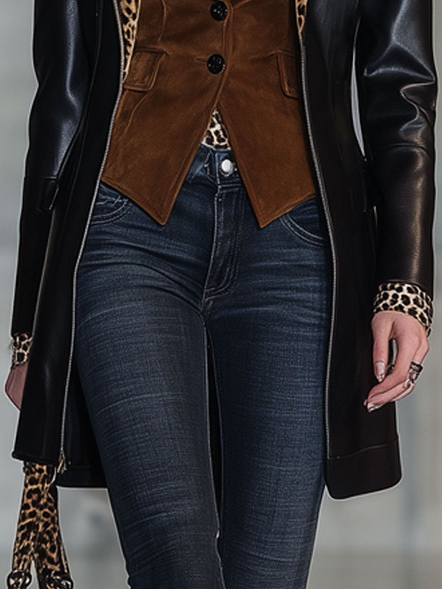 Veste en PU Noir avec Fermeture Éclair et Revers en Velours Léopard Vintage