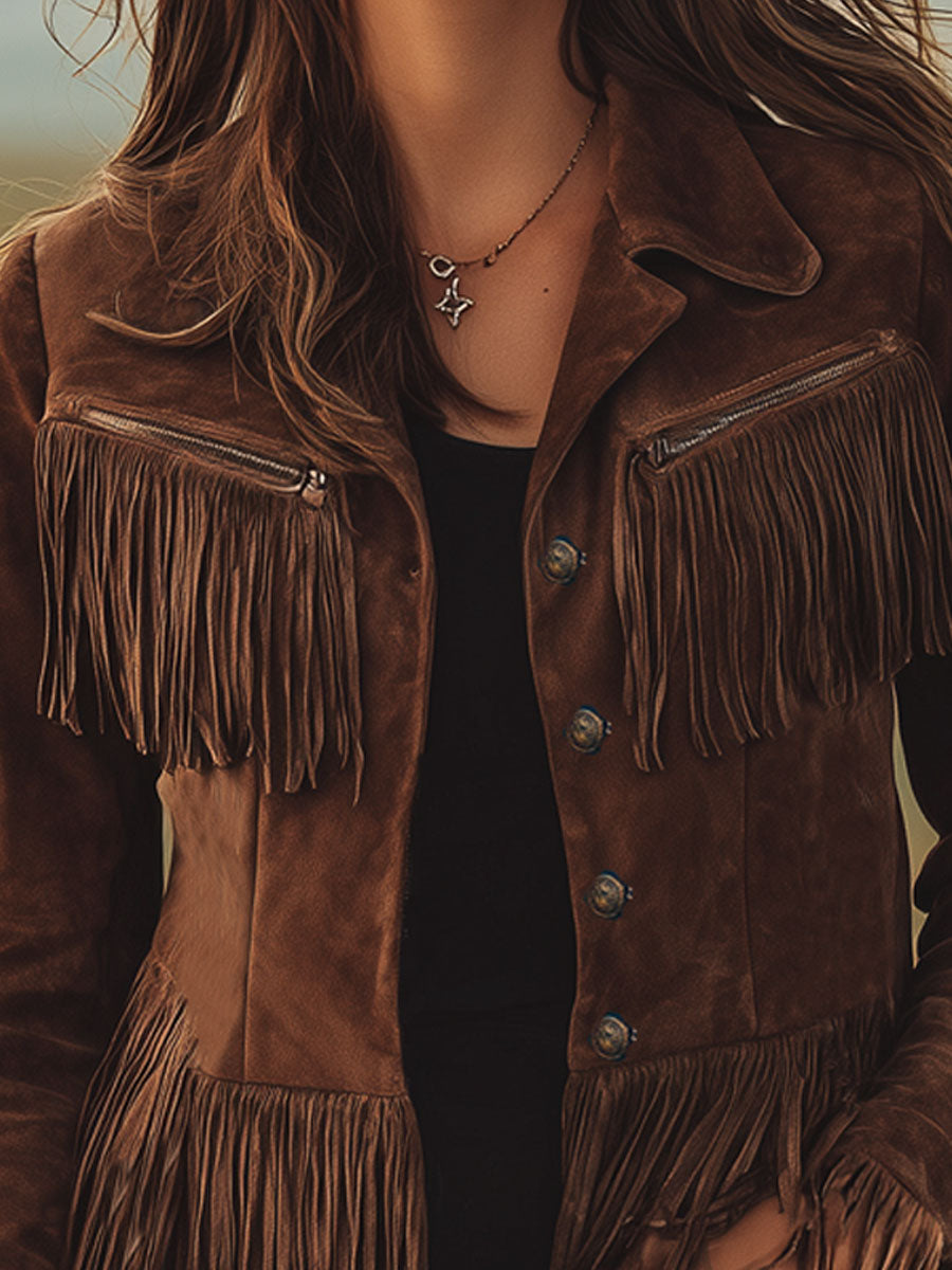 Veste en suède marron à zip, style western avec franges