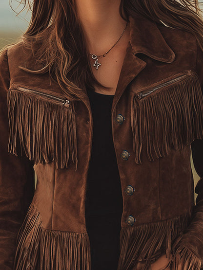 Veste en suède marron à zip, style western avec franges