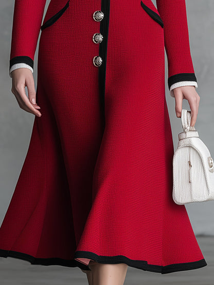 Robe Midi Rouge Tricotée A-Line avec Col Chic et Romantique