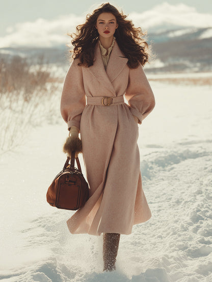 Élégant Manteau Long Rose Clair avec Revers Tendance