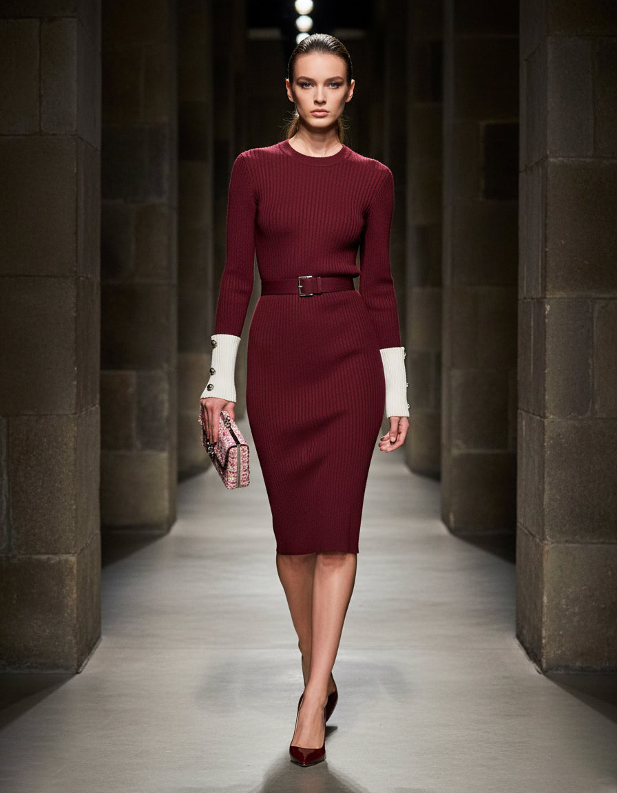 Robe Midi Rouge en Angora avec Détails en Couture Blanche et Col Ronde