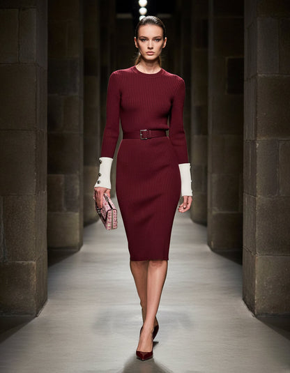 Robe Midi en Angora Rouge Tricotée avec Détails Blancs et Col Rond