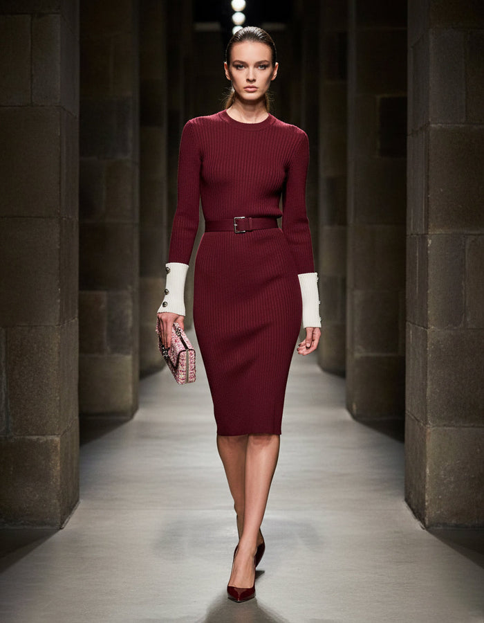 Robe Midi en Angora Rouge Tricotée avec Détails Blancs et Col Rond