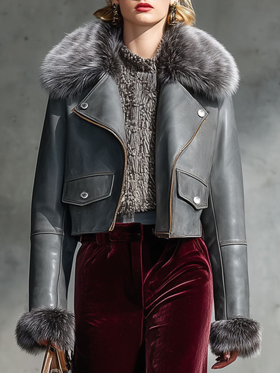 Veste Grise en Simili Cuir avec Col en Fourrure Zippé - Style Vintage Décontracté