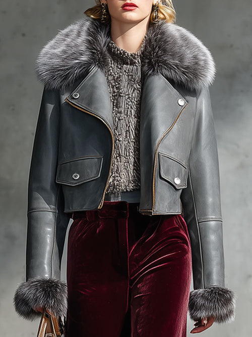 Veste Vintage Décontractée en Cuir Synthétique Gris avec Col en Fourrure Zippé