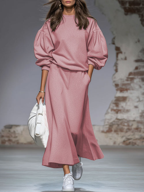 Ensemble Rétro : Sweatshirt à Col Rond et Jupe à Manches Bouffantes en Rose