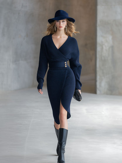 Élégante Robe Midi V-Neck en Tricot Bleu Marine