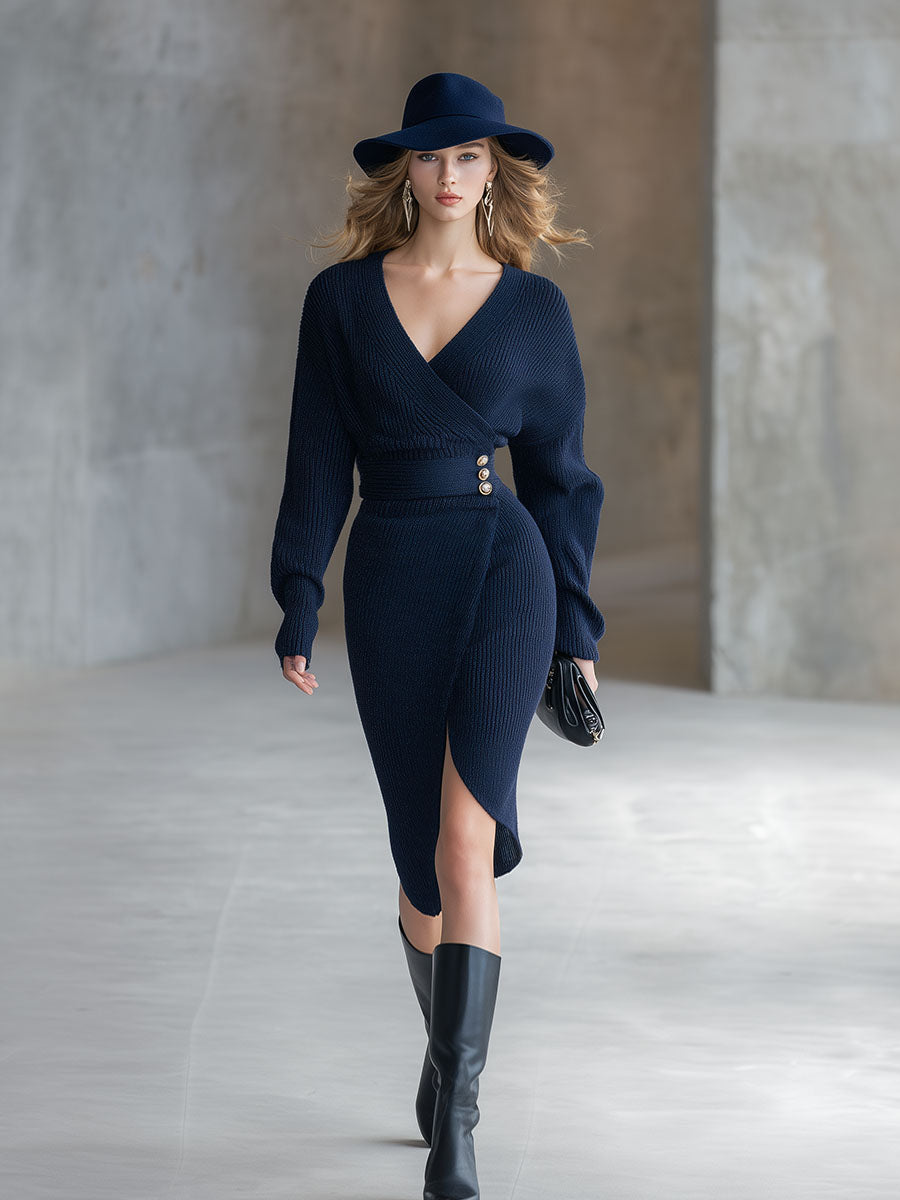 Élégante Robe Midi Tricotée à V-Cou en Bleu Marine