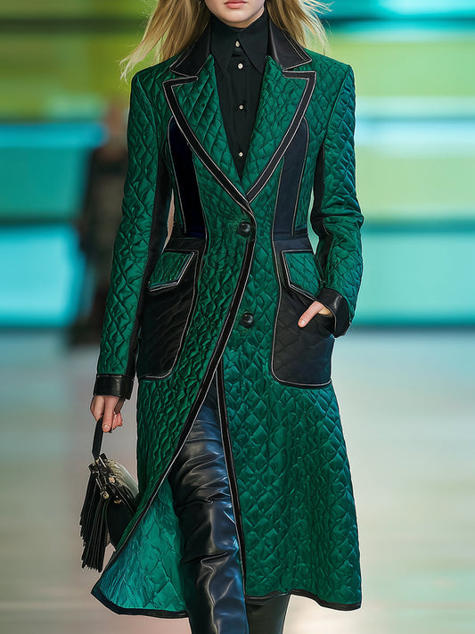 Chic Manteau Matelassé Vert Foncé avec Détails Noirs