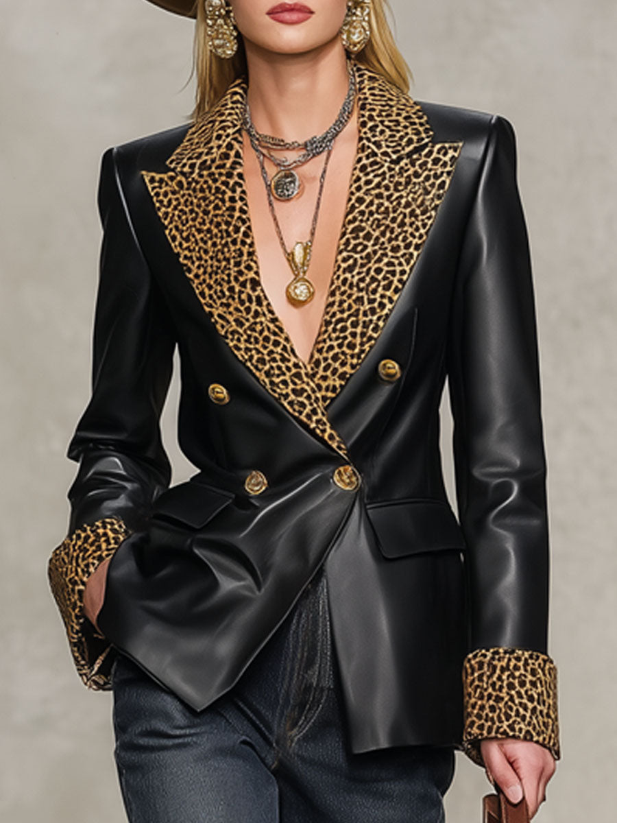 Veste Chic en Simili Cuir avec Imprimé Léopard