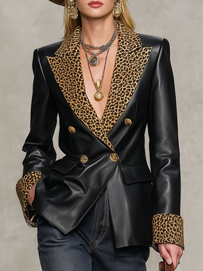 Veste Chic en Simili Cuir avec Imprimé Léopard