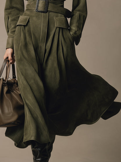 Robe Midi en Suédine Verte au Charme Western Rétro