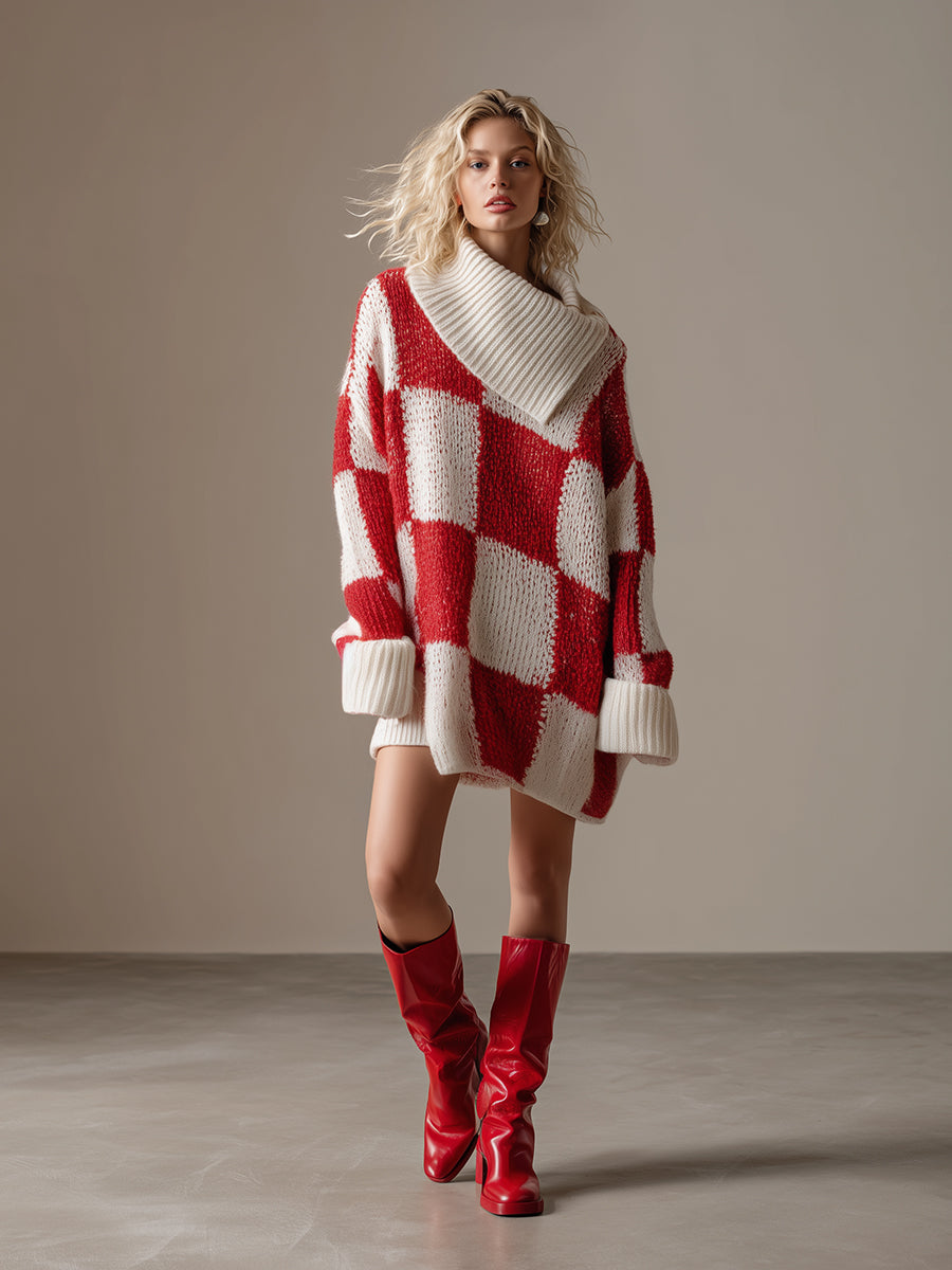 Robe Mini Tricotée à Col Asymétrique en Vichy Rouge et Blanc