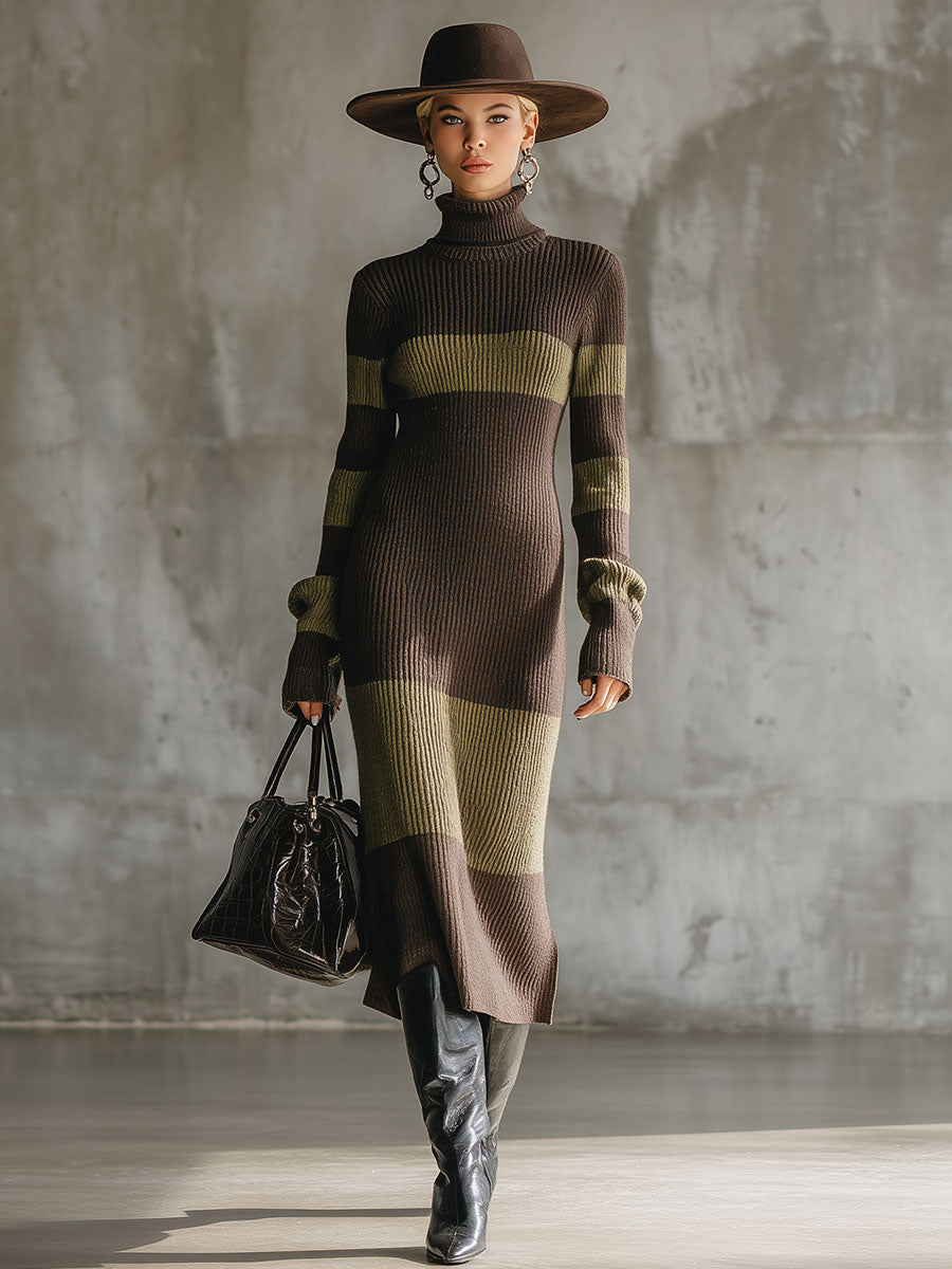 Robe Midi Tricotée à Col Montant - Chic Rétro en Brun et Vert