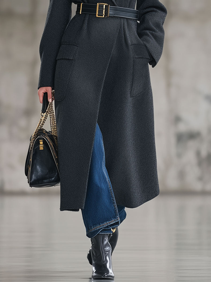 Longue Manteau en Laine Gris Foncé avec Détails Rétro à Lacets