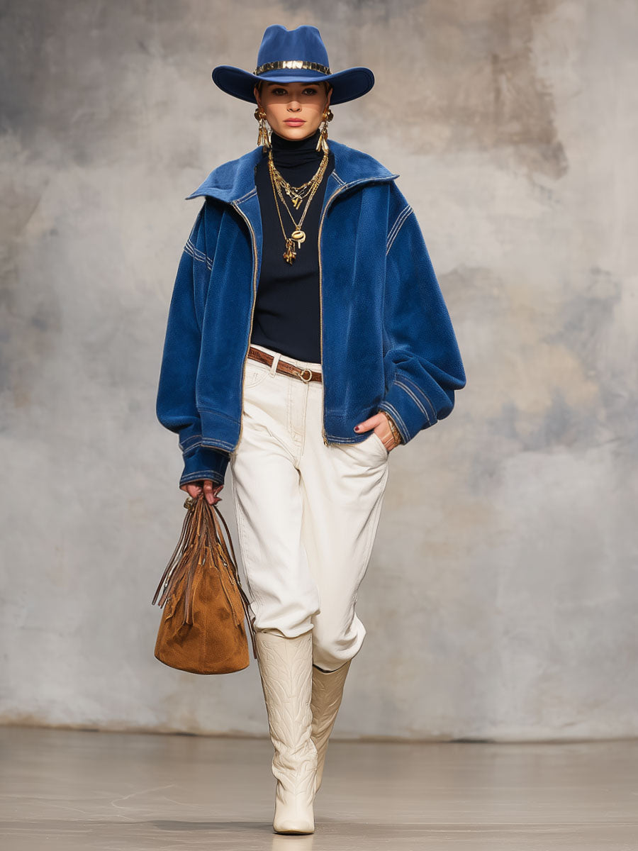 Veste Polaire Corail avec Zip et Coutures Contrastées