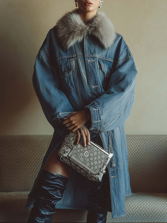 Veste en denim bleu mi-long avec col en fausse fourrure amovible - Élégance décontractée