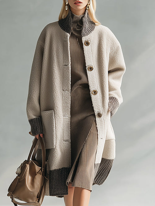Veste Polaire Beige au Bord Contrasté - Style Rétro Décontracté