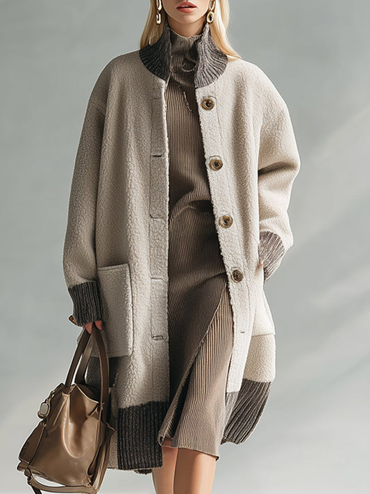 Veste Polaire Beige au Bord Contrasté - Style Rétro Décontracté