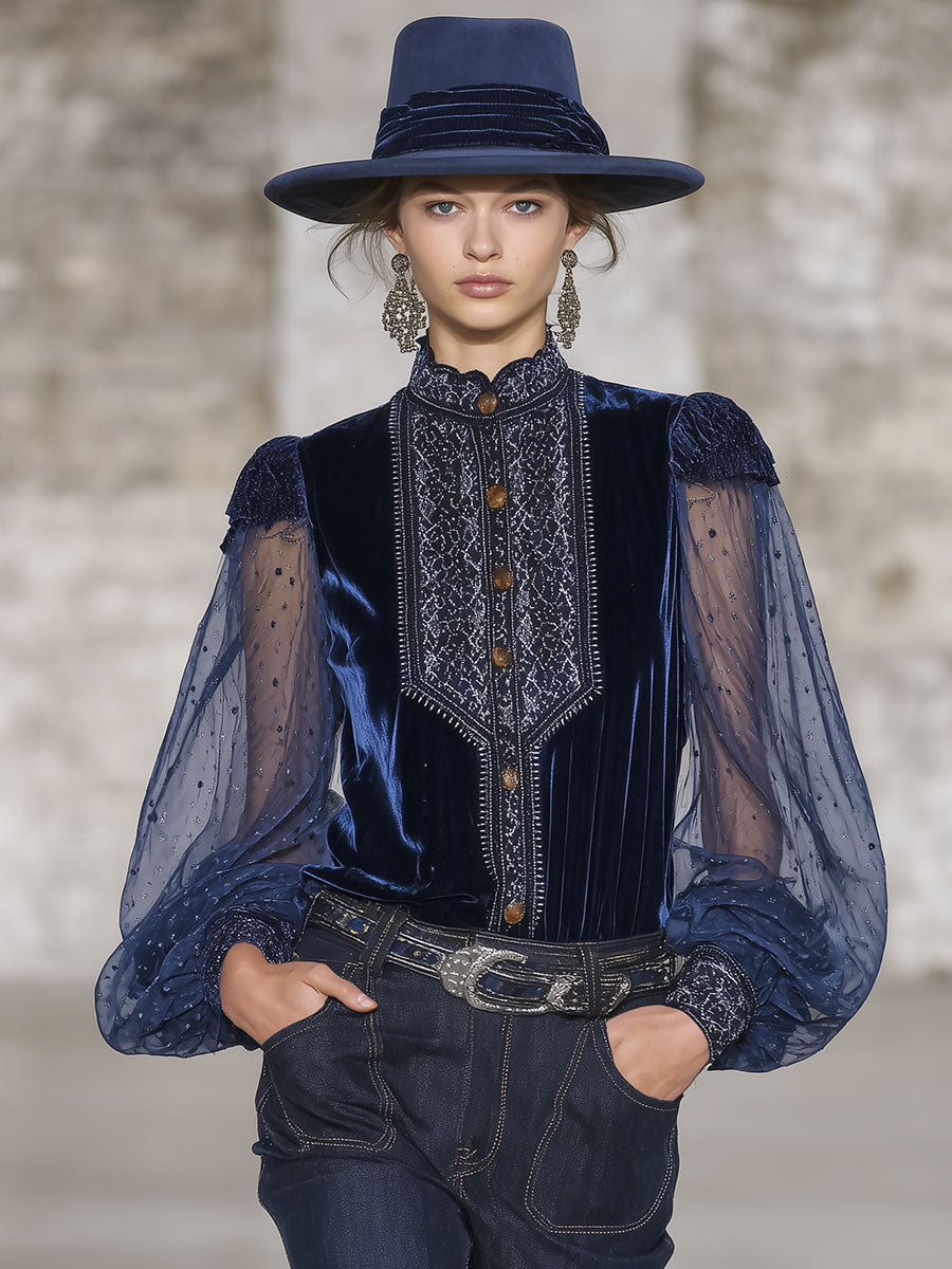 Chemise en Velours Bleu Rétro à Col Montant Luxe avec Manches Longues en Organza