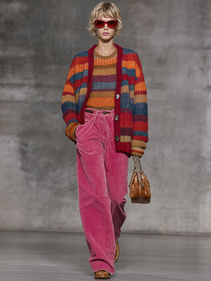 Cardigan Rayé Rétro à Boutons - Style Arc-en-Ciel